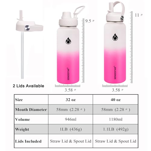 Stainless Steel Wide Mouth Water Bottle 32oz Double Wall Vacuum Insulated Leak Proof Bottle with New Flex Straw Lid & Spout Lid
