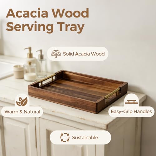 Acacia Wood Serving Tray with Golden Handles