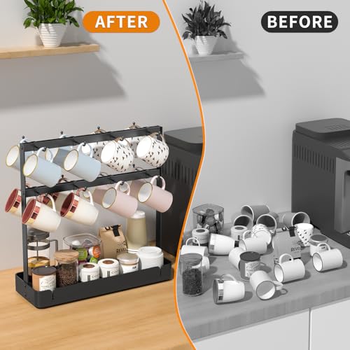 2 Tier Coffee Cup Holder with 16 Movable Hooks & Storage Basket