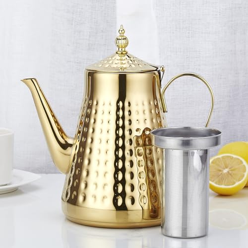 1.8L(60oz) Stainless Steel Hammer Patterned Teapot With Removeable Infuser,Loose leaf cover,Gold
