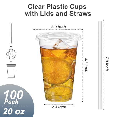 100 Pack 20 oz Clear Plastic Cups with Lids and Straws (100 Count)