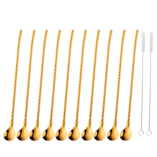 10 pcs Metal Straw Spoons with 2 Cleaning Brushes