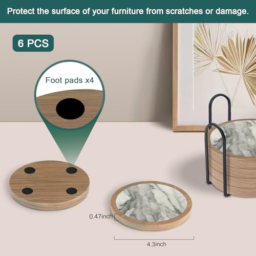 6 Pack Absorbent Coasters Set with Holder Wood Coasters for Drinks Housewarming Gifts for Home Decoration Cup Coasters for Coffee Tabletop Protection 4.3 Inch