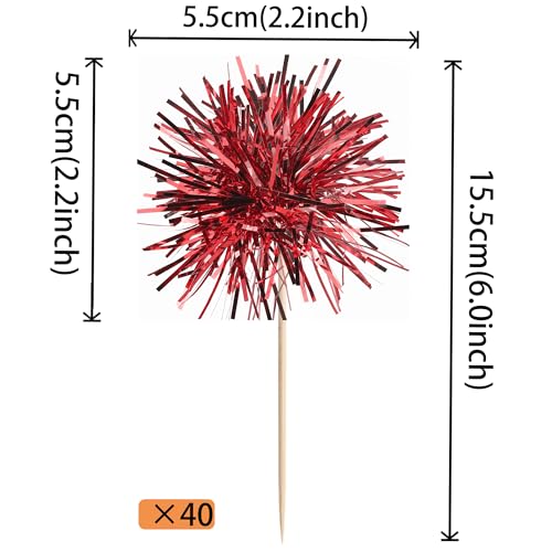 40 PCS Foil Firework Cupcake Toppers Sparkle Tinsel Cupcakae Picks Sparkler Fireworks Party Decorations Cocktail Fruit Toothpick for Birthday Wedding Graduation Party Decorations Supplies Red (40 Count)