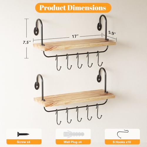 Floating Wall Shelves for Kitchen Bathroom Coffee Nook with 10 Adjustable Hooks for Coffee Mugs (2 Count)