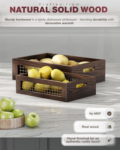 Set of 2 Wooden Countertop Baskets with Sturdy Wire Mesh & Handles (2 Count)
