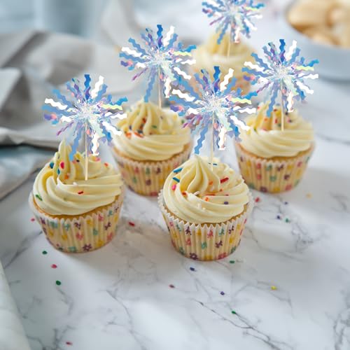 30Pcs Foil Firework Cupcake Toppers Happy Birthday Cake Toppers Tinsel Flower Drink Stirrers Cocktail Food Fruit Toothpicks for Valentine's Day Party Birthday Wedding Supplies Laser Silver (30 Count)