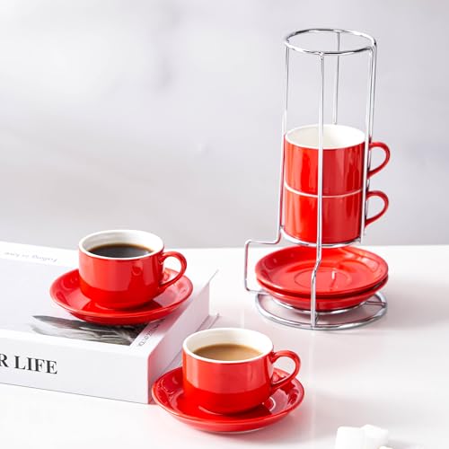2.5 Ounce Stackable Espresso Cups with Saucers and Metal Stand (4 Count)