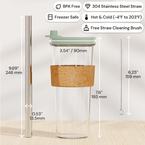 Sage Green 24 oz Reusable Boba Cup and Straw Bubble Tea Cup with Wide Lid and Straw