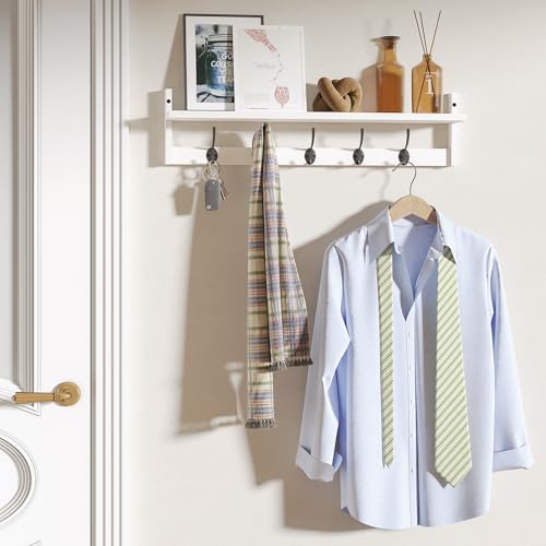 Wall Mounted Wood Shelf with 5 Dual Hooks for Bathroom