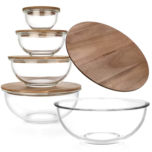 Stackable Glass Mixing Bowls with Acacia Lids Set of 5
