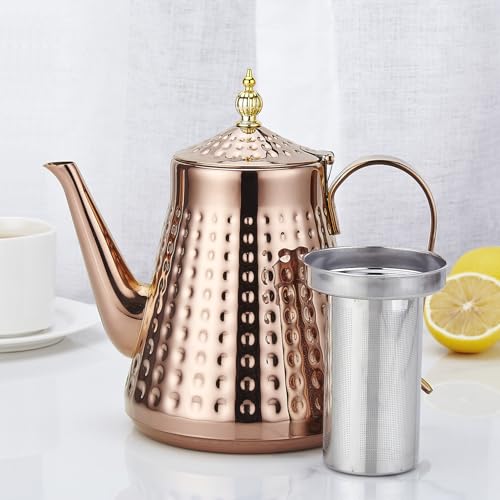 1.6L(54oz) Stainless Steel Hammer Patterned Teapot With Removeable Infuser,Loose leaf cover,Copper