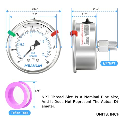 0~30Psi Liquid Filled Pressure Gauge Stainless Steel 2.5" FACE DIAL 1