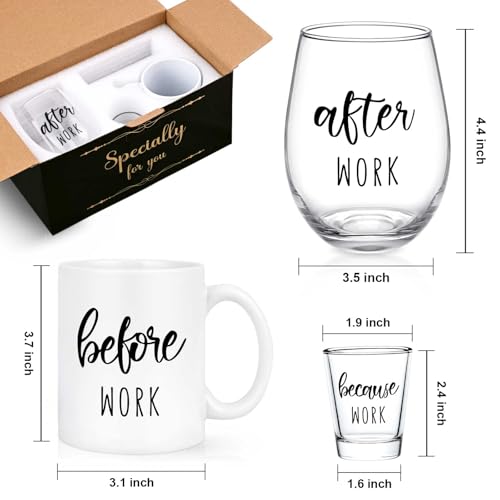 Before Work After Work Gift Set 11oz Coffee Mug 17oz Stemless Wine Glass 2oz Shot Glass Set for Boss Coworker Manger Leader Employee