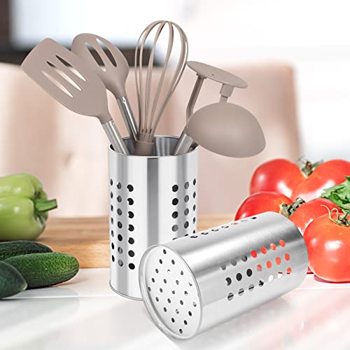 Stainless Steel Kitchen Utensil Holder Flatware Cylinder Silverware Draining Organizer Drying Rack with Round Drain Holes for Forks
