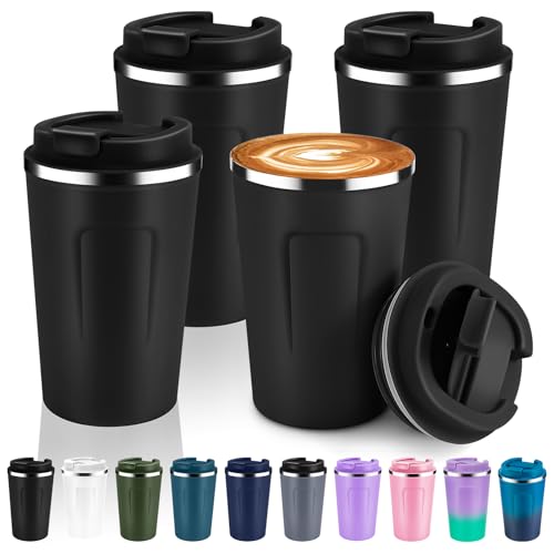 12 oz Double Wall Insulated Vacuum Travel Coffee Mug with Flip Lid Bulk 4 Pack (4 Count)