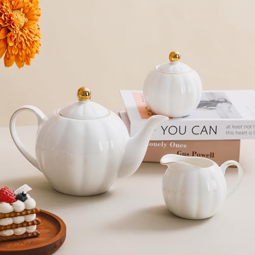 36oz White Porcelain Teapot with Gold Trim