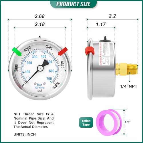 0 10000PSI Stainless Steel Liquid Filled Pressure Gauge