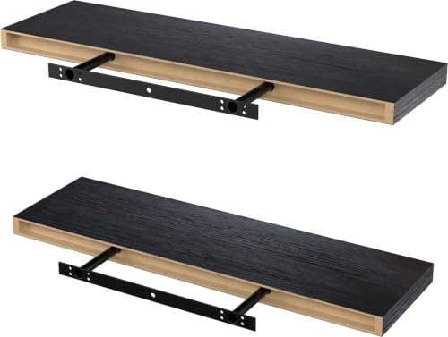 Set of 2 Black MDF Floating Wall Shelves with Hidden Brackets (2 Count)