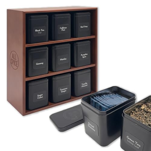 Tea Organizer Rack with 9 Tins & 160 Magnetic Labels (9 Compartments)