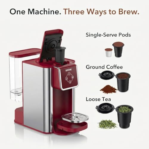 3-in-1 Single Serve Coffee Maker, Quick Brew for Coffee Pods, Ground Coffee, & Loose Tea, 6-12oz Cup Sizes, 50oz Removable Water Tank, 1150W, Compact & Efficient, Red