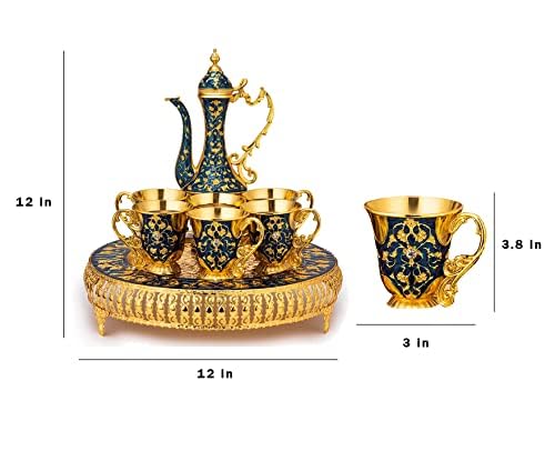 Vintage Extra Large Turkish Coffee & Tea Pot Set for 6 by Gute with Large Crystal Tray & Teapot Gold with Shiny Crystal