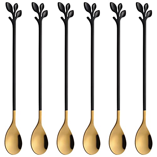 6 Piece Elegant Black & Gold Leaf Long Handle Teaspoons (6 Count)