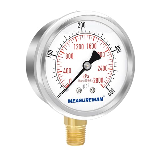 2-1/2" Dial Size, Glycerin Filled Pressure Gauge, 0-400psi/2800kpa, 304 Stainless Steel Case, 1/4" NPT Lower Mount
