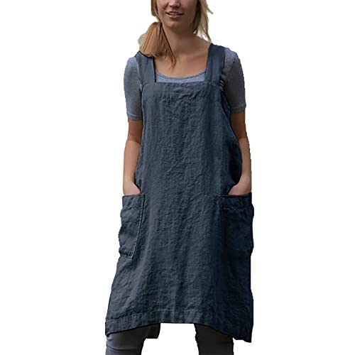 D Cotton Linen Apron Cross Back Apron for Women with Pockets Pinafore Dress for Baking Cooking