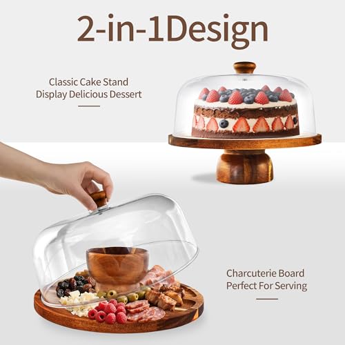 Wood-Cake-Stand With Acrylic Dome Lid, Round Wooden Cake Holder Plate With Cover, 2-in- 1 Dessert Table Display Set For Party, Charcuterie Board For Cheese, Chips & Dips, Nachos, Fruit Platter