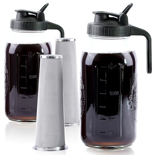 Cold Brew Coffee Maker 64 Oz Mason Jar Iced Coffee Maker 2 Set Half Gallon Glass Pitcher With Pour Spout Lids 2 Quart Wide Mouth Cold Brew Pitcher With Strainer For Fridge