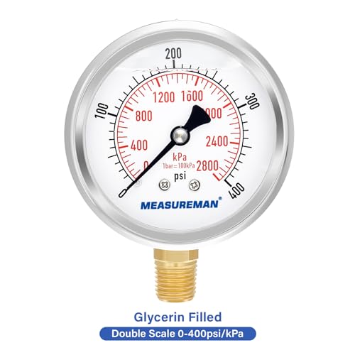 2-1/2" Dial Size, Glycerin Filled Pressure Gauge, 0-400psi/2800kpa, 304 Stainless Steel Case, 1/4" NPT Lower Mount