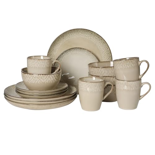 Jasper 16 Piece Plates and Bowls Reactive Glaze Dishes Stoneware Ceramic Dinnerware Set