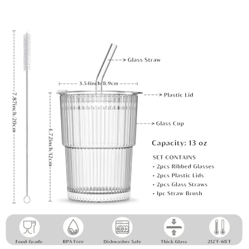 13oz Glass Tumbler with Lid and Straw 2 Pack