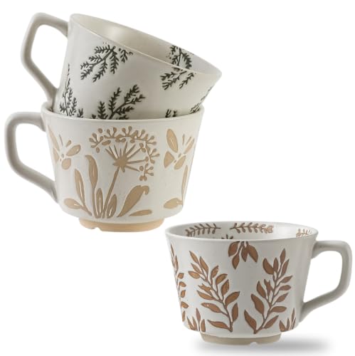 12 Ounce Ceramic Mug Set of 3 Embossed Leaf Ceramic Coffee Mugs