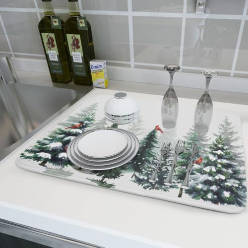 Green Pine Tree Forest Dish Drying Mat for Kitchen Counter