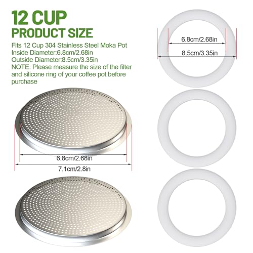 2 Pcs Filter with 3 Pcs Silicone Gasket Seals for 12 Cup Stovetop Espresso Coffee Maker Replacement Parts for 304 Stainless Steel Moka Pot (5 Count)