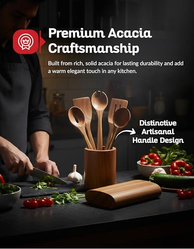 Acacia Utensil Set of 5 with Holder (6 Count)