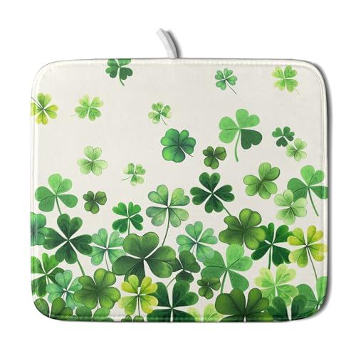 Spring Sage Green Shamrocks Drying Mat 16x18 Inch St. Patrick's Day Irish Shamrock Clover Dish Rack Pad Super Absorbent Dish Drainer Mat Dish Drying Pad Mats Protector for Kitchen Counter Coffee Bar