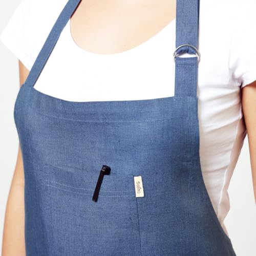100% Linen Kitchen Apron Blue