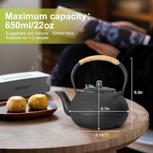 Japanese Tetsubin Cast Iron Teapot Tea Kettle pot with Stainless Steel Infuser for Stovetop Safe Coated with Enameled Interior 22 oz