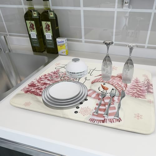 Pink Snowman Dish Drying Mat Xmas Trees Bird Winter Snowy Scene Dish Drainer Mats 18"x24" Microfiber Reversible Dish Drying Rack Pad Protector for Kitchen Countertop Decor