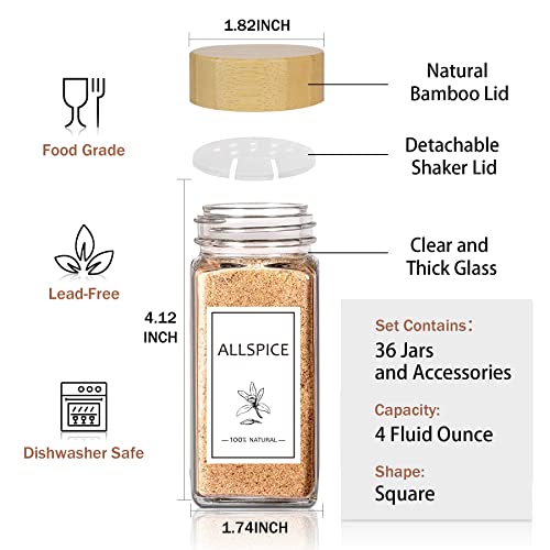 Spice Jars with Labels 36 Pcs 4 oz Glass Bamboo Lids Shaker Set (36 Count)
