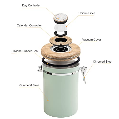 Coffee Canisters Airtight Coffee Bean Storage Container Kitchen Stainless Steel Food Storage Container with Scoop Date Tracker & CO2 Valve 61Fl Oz (60.8652 Fl Oz)