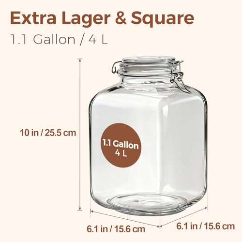 Square Glass Pantry Jars with Airtight Lids 1.1 Gallon 2 Pack Large (2 Count)