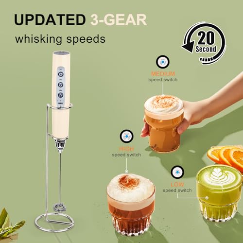 Beige Handheld Milk Frother Wand with Stand for Coffee