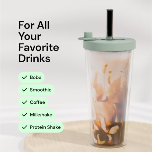 Reusable Boba Cup and Straw Boba Tea Cup Bubble Tea Cup Reusable Iced Coffee Cup Cold Coffee Cup Smoothie Cup with Lid and Straw Smoothie Cup to go Smoothie Tumbler 17 oz