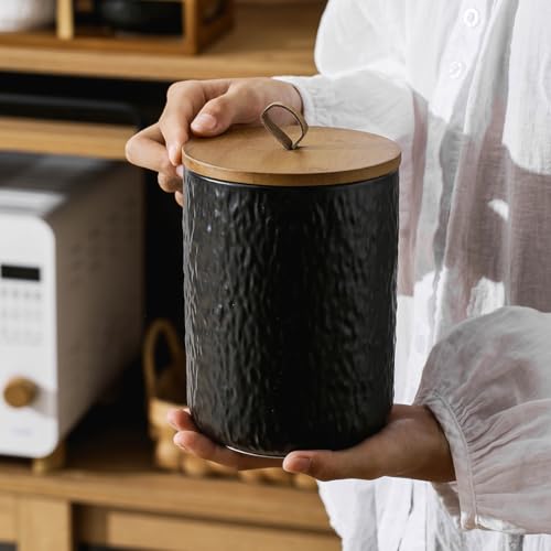 Black White Ceramic Coffee Canister Tea Canister with Seal Wood Lid (3 Count)