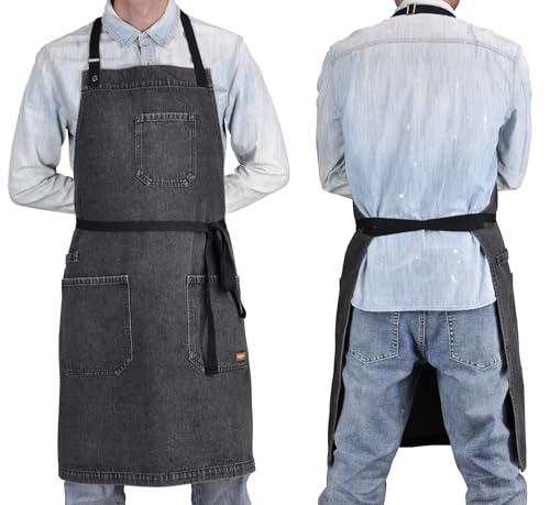 Black Denim Kitchen Cooking Apron with Pockets for Men Women