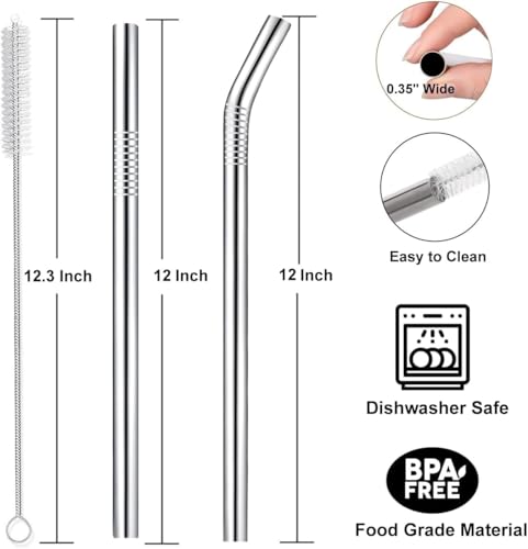 4 Pcs 0.35" Wide Bore Reusable Stainless Steel Metal Smoothie Straws (4 Count)